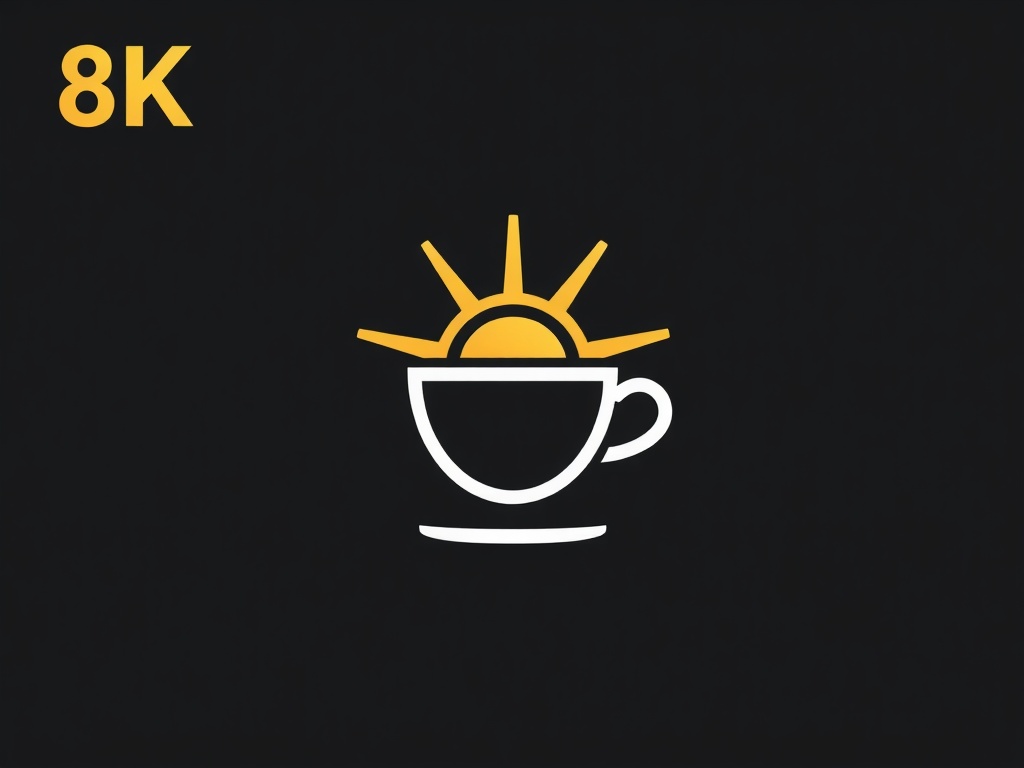Abstract minimalist icon combining a coffee cup and a rising sun, clean geometric lines, gradient gold and white, 8k, photorealistic, commercial style.